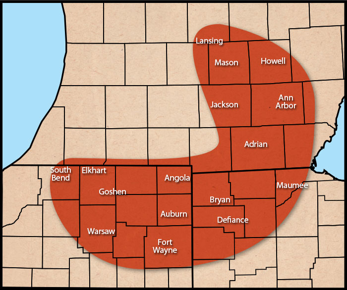 service map graphic orange area covers cities in Indiana, Ohio, and Michigan and the cities served are in white letters